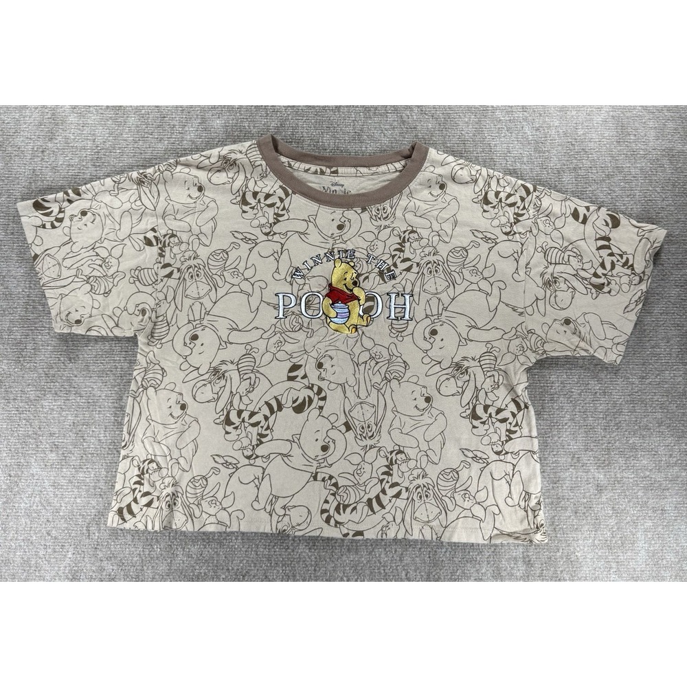 Disney Winnie the Pooh All Over Print Embroidered Graphic Crop T-Shirt XL Beige